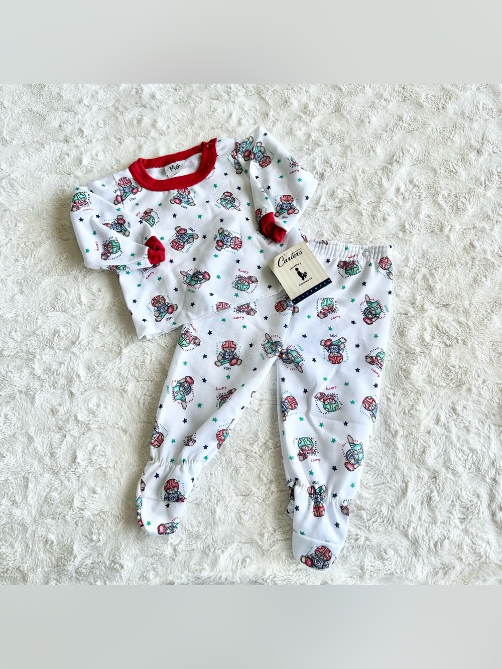 Vintage Carters Pajama Set Baby 9-12 Months White Teddy Bear Football Animal NWT